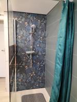 a shower in a bathroom with a blue wall at L&#39;échappée Comtoise in Baume-les-Dames