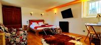a bedroom with a bed and a couch and a tv at Domaine du Châtelard in Dirac