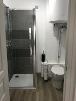 a bathroom with a toilet and a glass shower at Bel appartement rénové, spacieux et lumineux in Bourg-en-Bresse