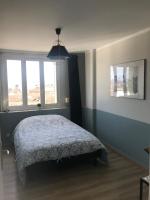 a bedroom with a bed and two windows at Bel appartement rénové, spacieux et lumineux in Bourg-en-Bresse