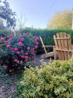 a wooden chair sitting next to a bunch of pink roses at Les écuries du chateau in Commes