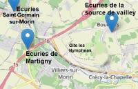 a map with blue pointers on it at Les Nympheas, appart, grand jardin au calme, parking gratuit,15 min Disneyland, in Crécy-la-Chapelle