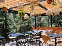 un patio con mesas, sillas y luces colgantes en Cabañas Boutiques TinyChillHouse, en Mineral del Chico