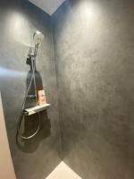 a bathroom with a shower with a blow dryer at Le Dolaizon, appartement avec ascenseur in Le Puy-en-Velay