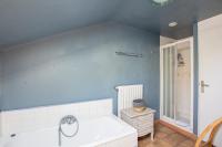 a bathroom with a white tub and a blue wall at ROCHE-LOIRE in Le Thoureil
