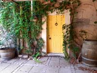 a yellow door with ivy on the side of a building at Magnifiques maisons de campagne au sein d&#39;un vignoble in Cazouls-lès-Béziers