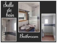 a collage of three pictures of a bathroom at Maison de plein pied, 80m2, 2 ch., jardin clos in Quiberon