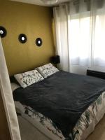 a bedroom with a bed with two eyeballs on the wall at Appartement T2 Manoir de Malville in Nantes