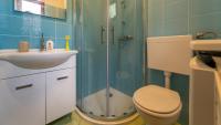 a bathroom with a shower and a toilet and a sink at Holiday house Kajfes in Brod na Kupi