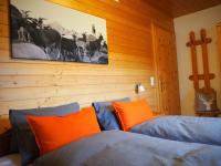 a bedroom with orange and blue pillows on a bed at Haus Baleisa in Gaschurn
