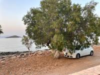 a white car parked under a tree next to the water at Diakofti house by the sea - Kythoikies hoilday houses in Kythira