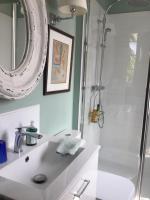 a bathroom with a white sink and a shower at L’orangerie du Général in Saint-Jean-dʼAngély