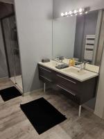 a bathroom with a sink and a large mirror at Grand appartement près de la Cathédrale de Quimper in Quimper