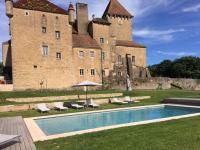 a castle with a swimming pool in front of a building at Château de Pierreclos in Pierreclos