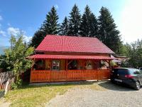 a house with a red roof with a car parked in front at Căsuța din pădure de la Câmpu lui Neag in Cîmpu lui Neag