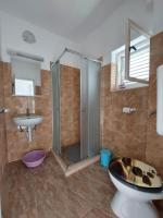 a bathroom with a shower and a toilet and a sink at Family Room Drace 4550a in Drače