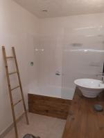 a bathroom with a shower and a sink and a ladder at La ferme de Manon in Montferrat