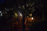 een persoon die 's nachts aan een tafel onder een boom zit bij Panorama Apartments in Povljana