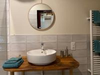 a bathroom with a sink and a mirror at Moulin de la Rouchotte in Frétigney-et-Velloreille