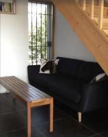 a cat sitting on a couch in a living room at Les Faveyrolles à Labeaume in Labeaume