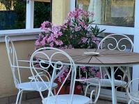 a wooden table with two chairs and pink flowers at Villa Yucca Istra in Labin