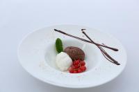 Un plato con un postre de chocolate con helado y bayas. en Familienhotel Mateera Gargellen / Montafon, en Gargellen
