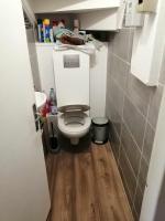a small bathroom with a toilet and a wooden floor at Chez Denis et Lucie in Saint-André