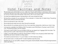 a letter from a hotel detailing the hotel facilities and notes at Dynasty Hotel in Tainan