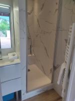 a bathroom with a shower with a sink and a mirror at Amélia Appartement Saint-Jorioz in Saint-Jorioz