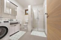 a white bathroom with a shower and a toilet at Apartment Ivana in Roč