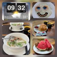 uma colagem de fotos de comida com um relógio em PHỐ CHỢ ĐÊM Villa - Near Hoi An Old Town 200m em Hoi An