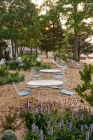 a group of tables and chairs in a park with purple flowers at Silver Sands Motel & Beach Bungalows in Greenport