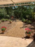 einen Garten mit drei Topfpflanzen auf dem Boden in der Unterkunft Le Petit Chene in Le Castellet