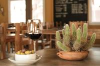 Una mesa con una copa de vino y un cactus. en El Chiflon Posta Pueblo, en El Chiflón