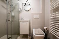 a bathroom with a shower and a toilet and a mirror at Perpignan - Appartement en centre ville in Perpignan