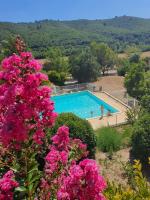 a swimming pool with pink flowers in front of it at Le seringat 46 in Saint-Martin-de-Brômes