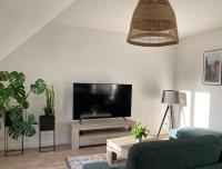 a living room with a large flat screen tv at Appartement NATURA 2 chambres in Vitré