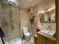 a bathroom with a shower and a toilet and a sink at Alpe d&#39;Huez Houses - Chalet des Roches - Duplex, SUR les pistes de 3 chambres ! in LʼHuez