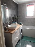 a bathroom with a sink and a washing machine at la maison rose 2 chambres a louer avec lits 2 personnes in Nevers