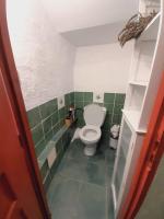 a bathroom with a toilet in a green tiled room at Gîte Olivia in Saint-Florent-sur-Auzonnet