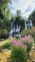 a waterfall with pink flowers in front of it at Apartment Angelina 