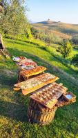 um grupo de mesas repletas de diferentes tipos de comida em Podere Spedalone em Pienza