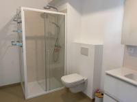 a white bathroom with a shower and a toilet at Appartement cosy proche de la mer in Neufchâtel-Hardelot