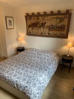 a bedroom with a bed and two tables with lamps at Appartement spacieux et lumineux in Sélestat