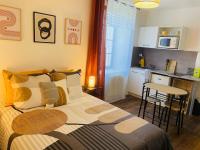 ein Schlafzimmer mit einem Bett und eine kleine Küche in der Unterkunft Le Romélia - Wifi Fibre - Calme - Parking in Angoulême