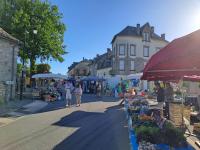 a group of people walking through an outdoor market at Gîte du Busatier in Marcillac-la-Croisille