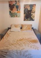 a bed in a room with two pictures on the wall at Cosy Green - WIFI HD - NETFLIX GRATUIT in Avignon