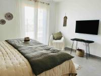 a bedroom with a bed and a tv and a chair at 120 m2 bord de mer in Saint Martin