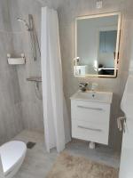a bathroom with a sink and a toilet and a mirror at Aalborg City Rooms ApS in Aalborg