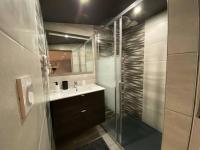 a bathroom with a glass shower and a sink at Au pool house de la Faye avec jacuzzi in Saint-Romain-Lachalm